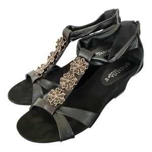 Patrizia by SpringStep Poppy Black Leather Wedge Sandals Size 41/ 10.5-11